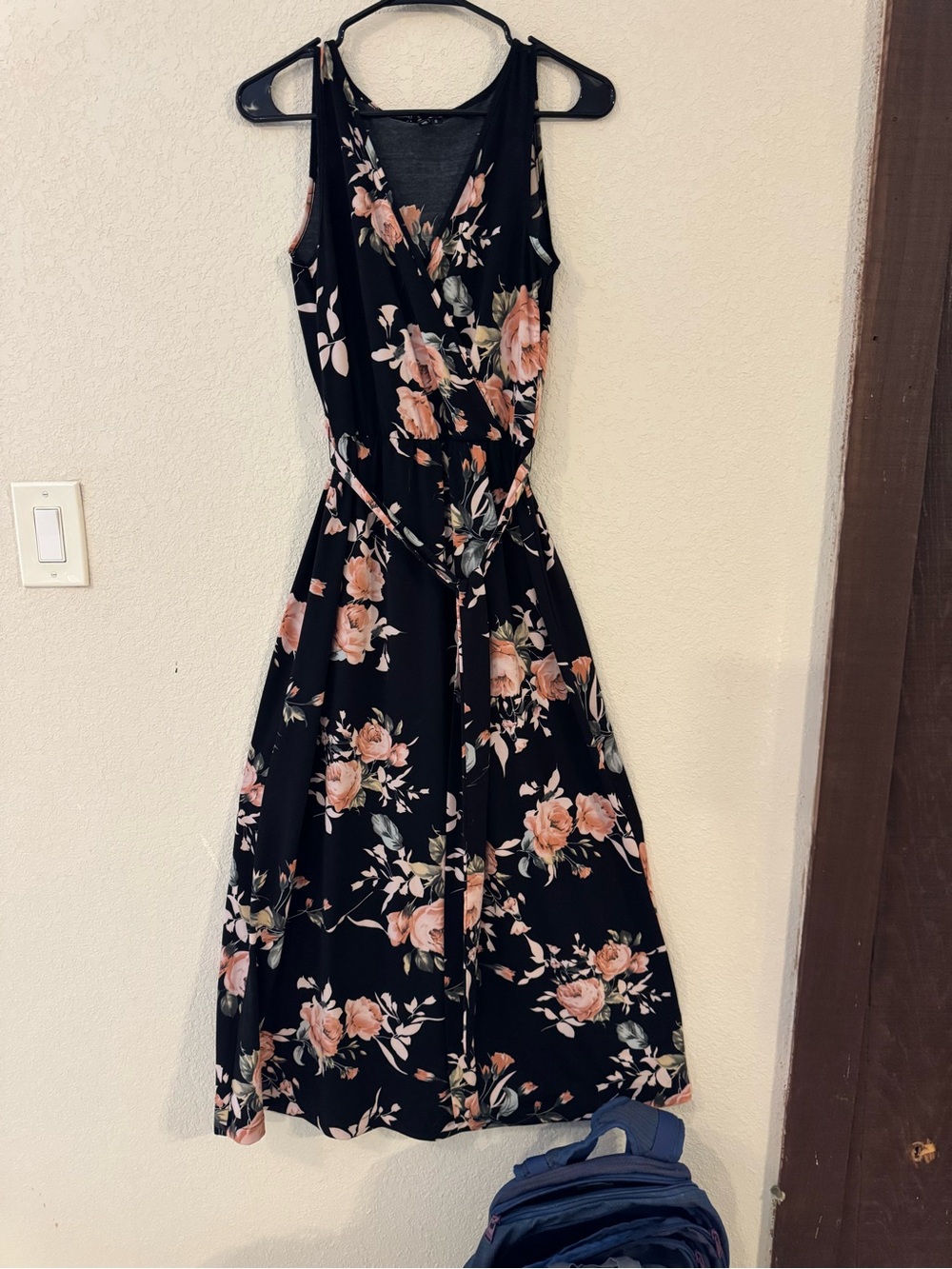 Sleeveless Black Midi Wrap Dress with Peach Floral Print